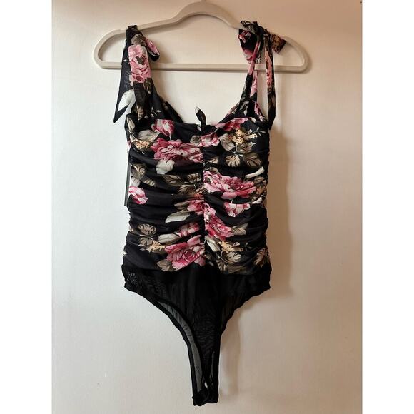 NWT Lulus Keep Blooming Black Floral Cutout Knotted Tie Mesh Bodysuit Size S - Picture 2 of 8